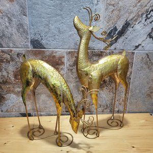 VTG Golden Metal Deer Statues Sculptures Reindeer Set of 2